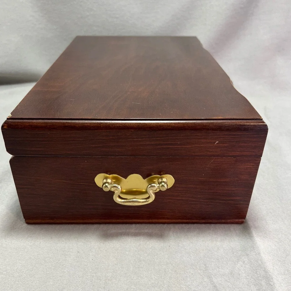 Vintage Wooden Jewelry Box Chest Red Velvet Lining Removable Tray Necklace Hooks